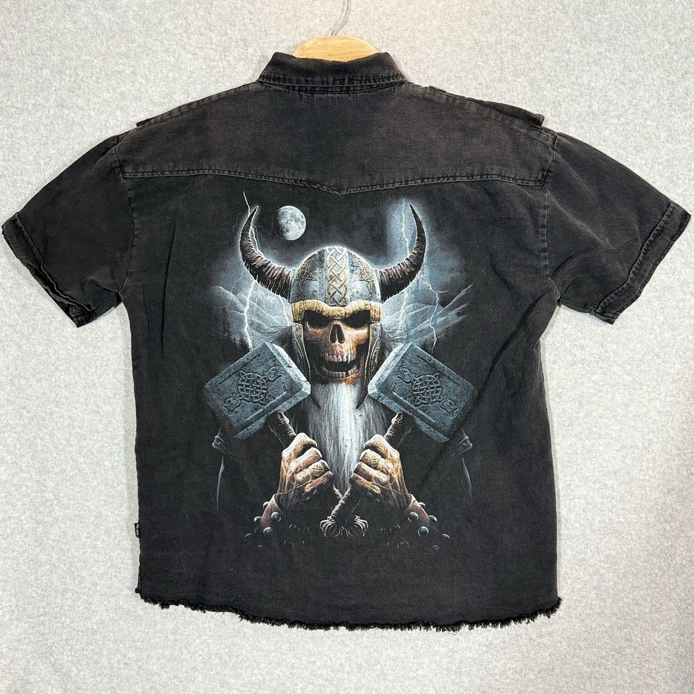 Spiral Direct Mens XXL Black Pearl Snap Shirt Undead Viking Thors Hammer Raw Hem